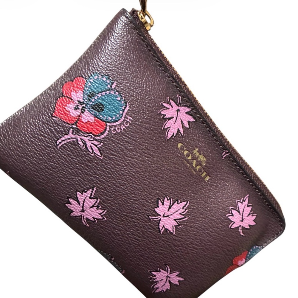 Coach Floral Print Leather Wristlet in Plum with Pink Accents - Picture 2 of 11